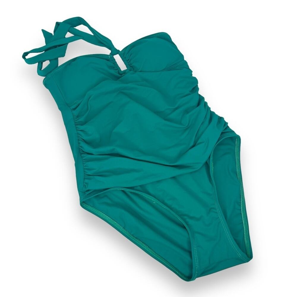Lauren Ralph Lauren Teal One Piece Swimsuit Size 8 Halter Tie Ruched Slimming